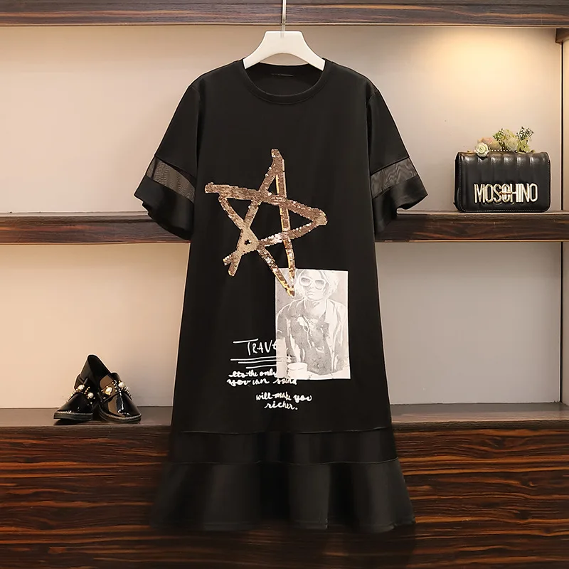 Black L-5XL, летнее женское платье большого размера, расшитое блестками, черная звезда, мерцающее Повседневное платье большого размера, короткий рукав, сетка, 4XL, женское свободное платье - Color: Black