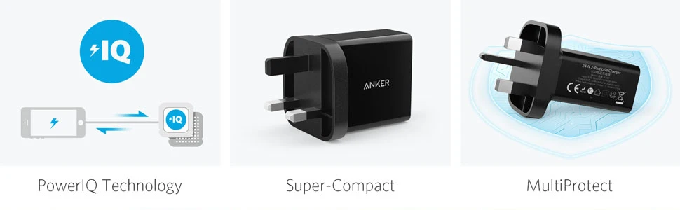 Anker 24 Вт 2-Порты и разъёмы USB Wall Зарядное устройство(вилка стандарта ЕС/Великобритания вилка) и PowerIQ Технология для iPhone, iPad, галактики, Nexus, htc, Motorola, LG и т. д