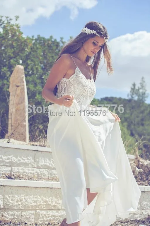 Fashionable White Spaghetti Sweetheart Beach Wedding Dress Vestido De Novia Long Robe Mariage Appliques Lace Romantic | Свадьбы и