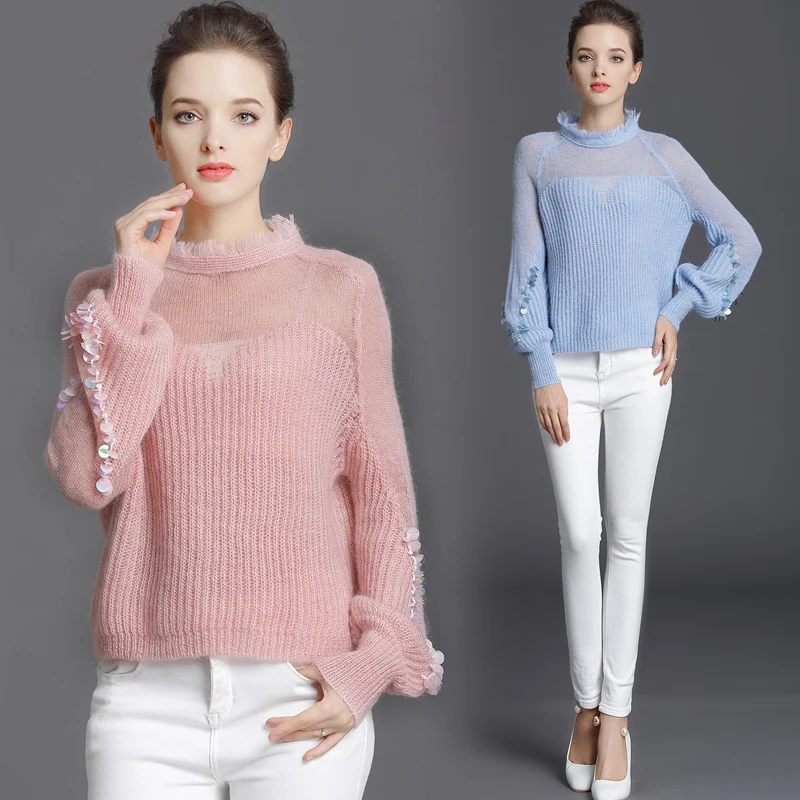  MUMUZI Women Clothing 2018 Fringed Knitted Tops Mohair Sheer Pullover Sweater Pink and Blue Sequine