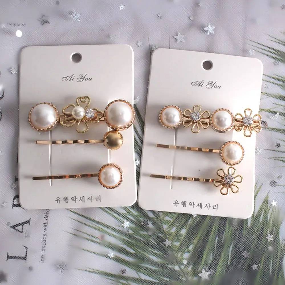 3PCS Hot Korea Chic Alloy Metal Hair Clips Pearls Hairpins Geometric Flower Barrett Women Hair Accessories Gold Color Hairgrip
