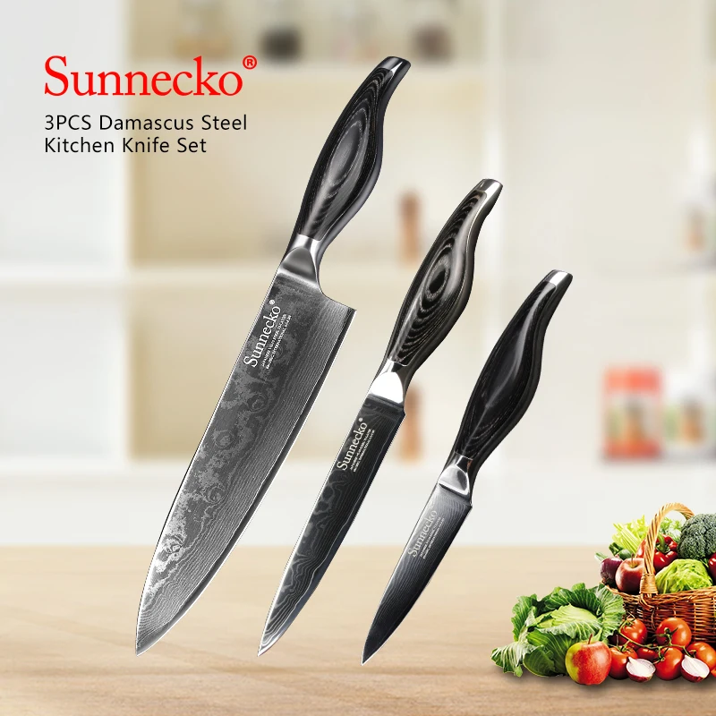 

SUNNECKO Chef Knife 3PCS Kitchen Knives Set 73 Layers Japanese Damascus VG10 Steel Sharp Pakka Wood Handle Utility Cutting Tools