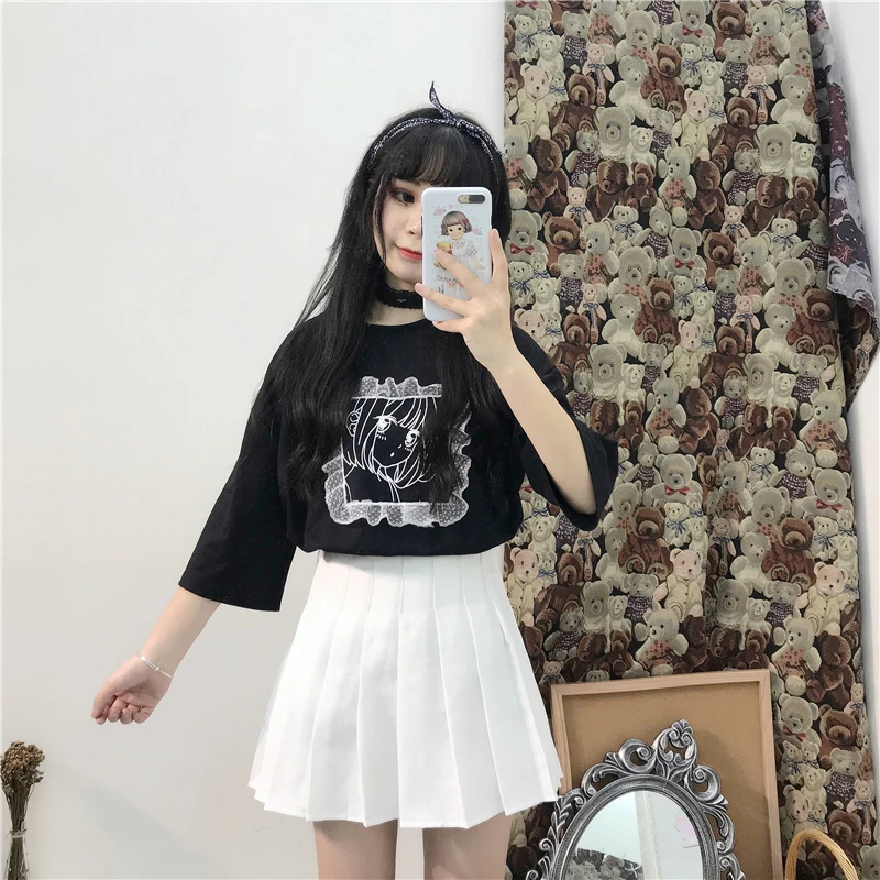 Japanese Sweet Long Tshirt Cute Clothes for Women Summer Oversized Loose Bandage T Shirt Black White Cartoon Graphic Tees Women