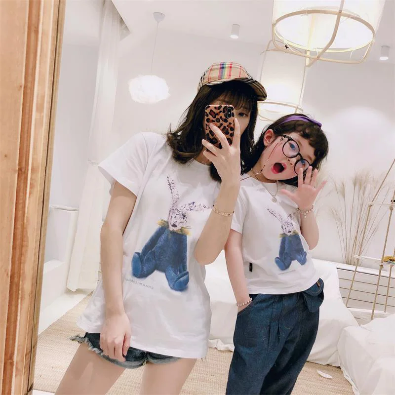 Cute Rabbit Printed Tees Summer T-shirts Family Matching Clothes Father Mother Girls Boys Kids Adult Gifts Mommy Dad White Tops