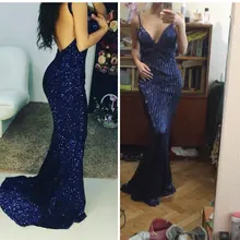 Сексуальное темно-синее платье для выпускного вечера с v-образным вырезом, новинка, модные длинные вечерние платья без рукавов с блестками и блестящей открытой спиной