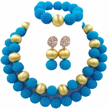 

Sea Blue Simulated Pearl Beads African Jewelry Set 2017 Nigerian Wedding Necklace Sets 2PLS08