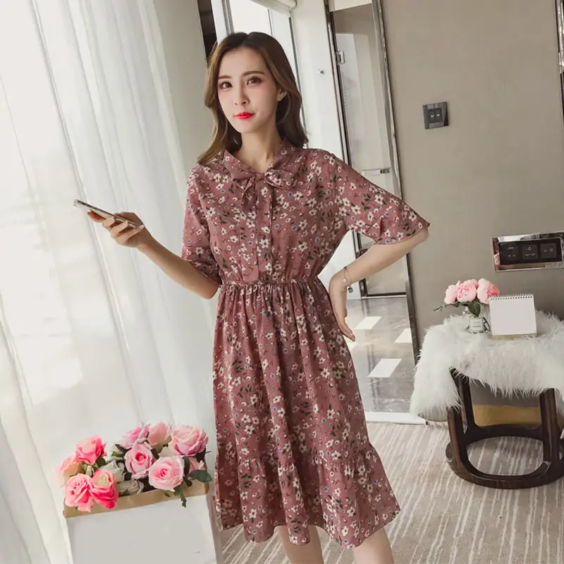 

Summer Chiffon Print Flowers Women Dress Mid-Calf Bow Flare Sleeve Office Vintage Cute Sweet A-Line Dress Vestidos Cute Clothin