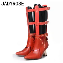 Новые женские дизайнерские весенние сапоги на высоком каблуке; белые сапоги до колена из натуральной кожи; женские пикантные сапоги с острым носком и пряжкой; Botte Femme