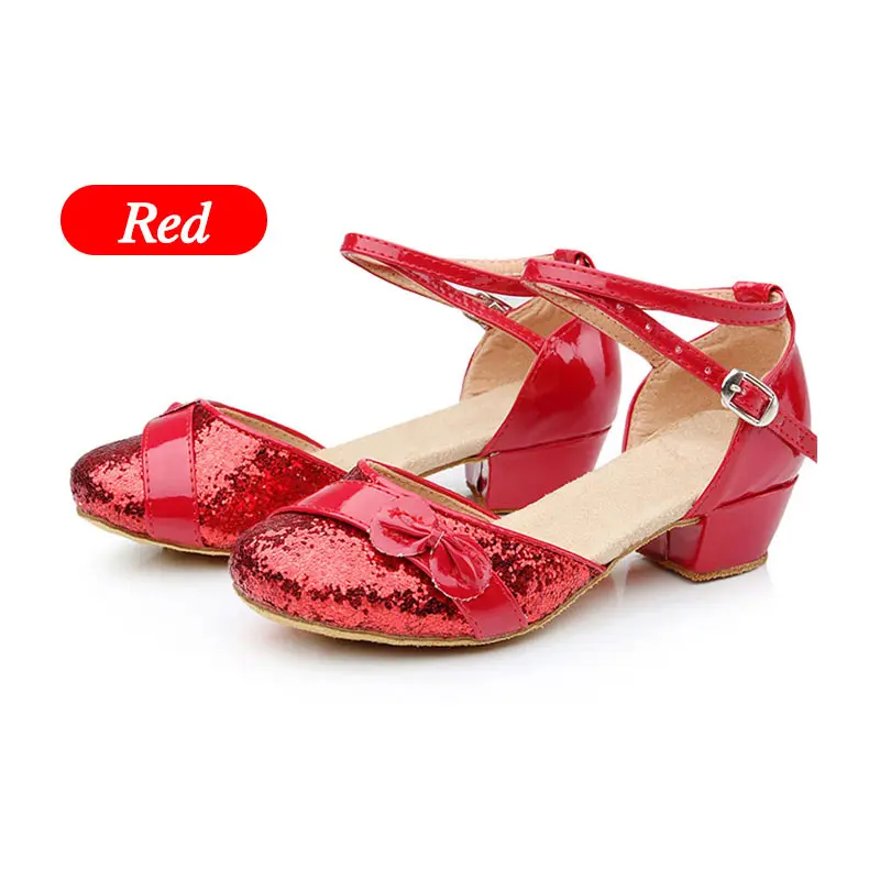 Детская обувь для латинских танцев с мягкой подошвой для девочек, детей, женщин, Танго/бальных танцев/сальсы, танцевальная обувь на квадратном каблуке 3,5 см - Цвет: Red