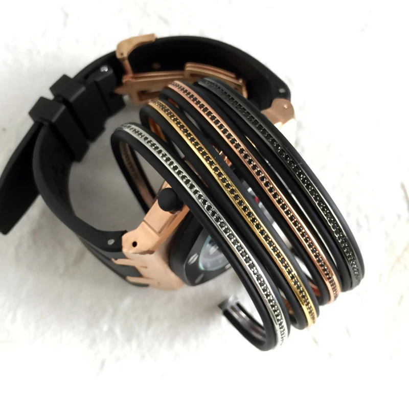 Mcllroy bangle bracelets men cuff with black rubber men bangles bracelet bar pulseira & CZ Micro Paved Bijoux Men Jewelry