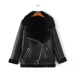 Женская Черная Куртка из искусственной кожи Для женщин вниз пальто Зимняя мотоциклетная кожаная куртка из искусственной овчины пальто