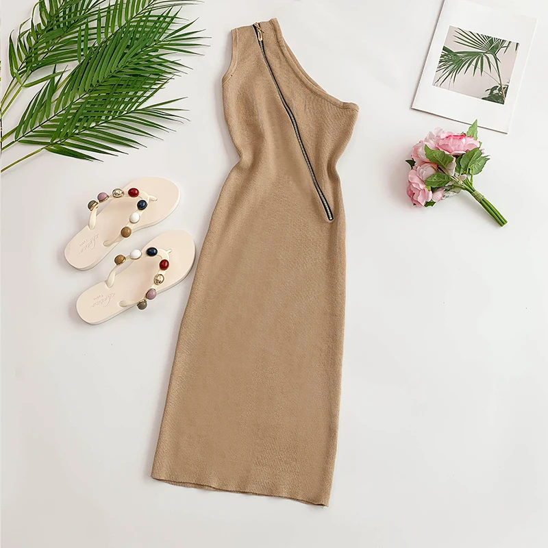 

Women Summer Sexy One-Shoulder Oblique Zipper Knit Dress Solid Color Bodycon Sheath Mini Dresses
