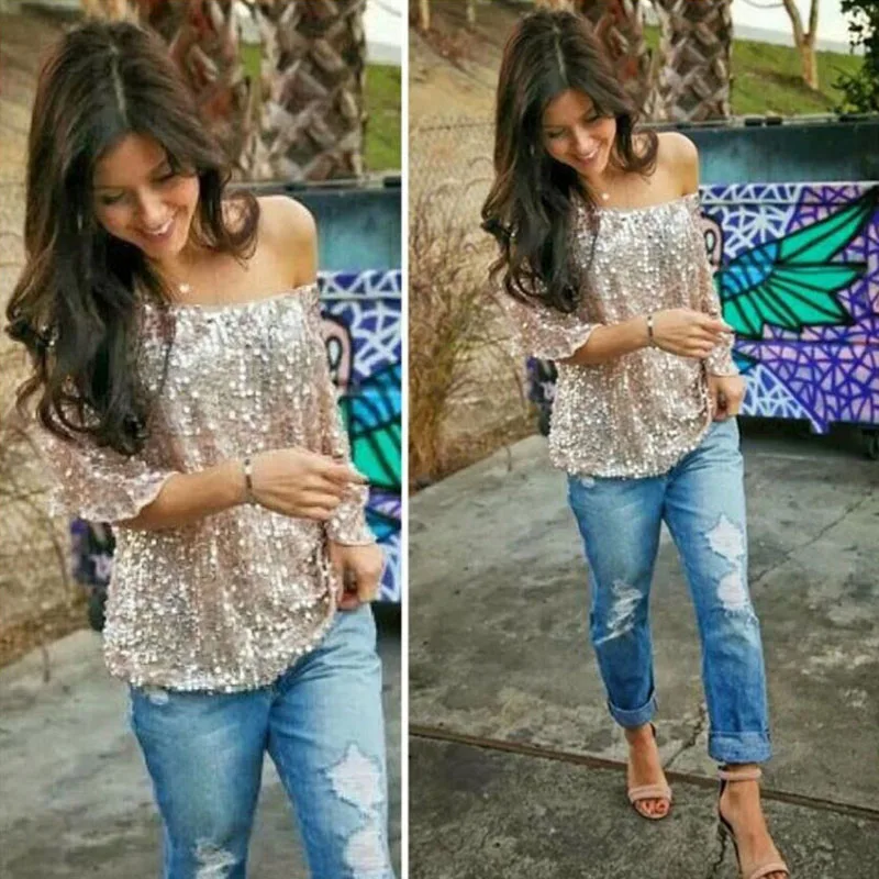 

Fashion Women Sexy Loose Off Shoulder Sequin Glitter Blouses Summer Casual Shirts Vintage Streetwear Party Tops