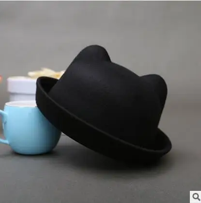 children paternity hat fashion wool sense ladies women Fedoras hat retro children cat ears animal hat not deformed Boys Girl sun hat - Цвет: children