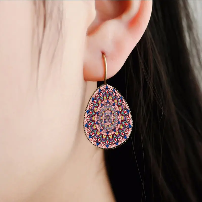Vintage Long Earrings Retro Vintage Bohemian Print Hippie Boho Earrings Mandala Flower Glass Stud Earrings Water Drop Ear Hookplastic