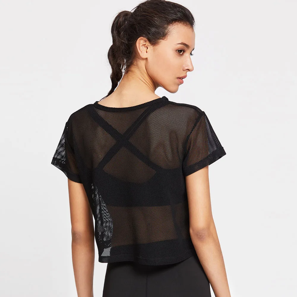 

Black Mesh Tshirt Women Summer Fashion Cover Up Sports Crop Tops Dancing Fitness Tee Shirt O Neck Hollow Out Girls T Shirt#Z10