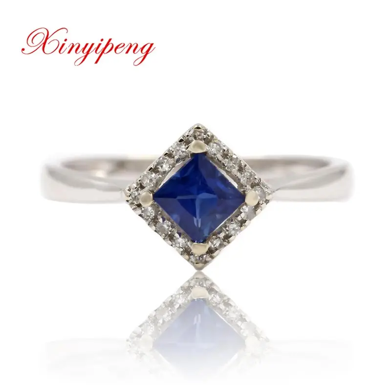 

Xin yi peng 18 k white gold inlaid natural square sapphire ring with diamond women ring beautiful generous anniversary gift