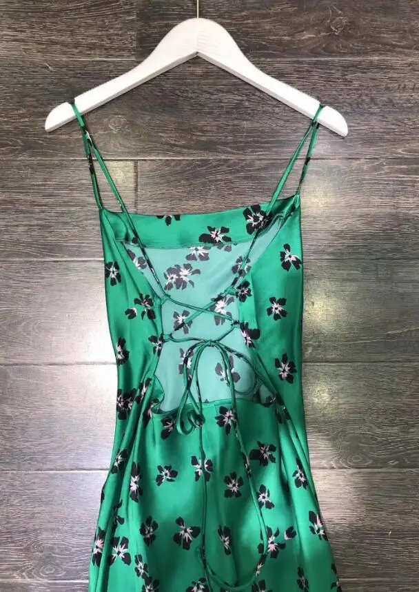 Атласное шелковое платье миди с цветочным принтом, тонкое платье с бретельками, открытая спина, перекрещивание, шнуровка, с завязками, модное женское платье - Цвет: Зеленый