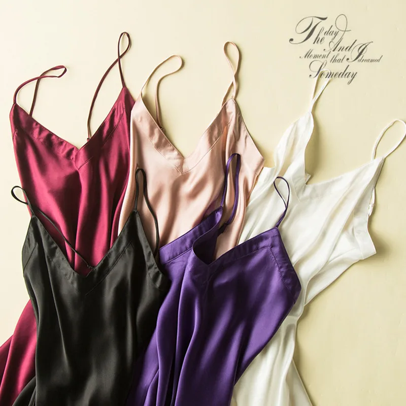 

Pure Silk Spaghetti Nightgown Plus Size 2017 V-neck 100% Mulberry Silk Sexy Sleepwear Dress M/L/XL Free Shipping