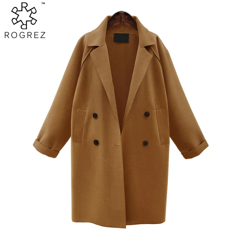 

ROGREZ Black Brown Khaki High Street Loose Turn Down Collar Ladies Coats Autumn Blend Winter Cardigan Women Long Coat