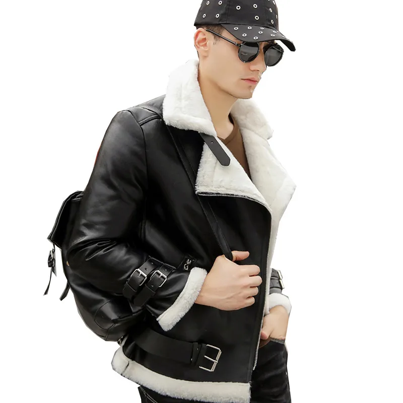 

Winter Faux Leather Jacket Coat Men Leather Fur Coats Aviator Mens Motorcycle Jacket Warm Suede Shearling Overcoat Mens Clothing