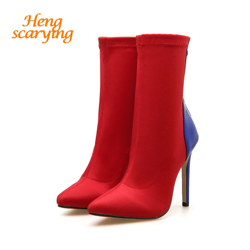 Модные роскошные женские туфли на высоком каблуке 11,5 см; Фетиш; Шелковый носок; эластичные синие Ботильоны на каблуке; Scarpins; весенние красные туфли для выпускного