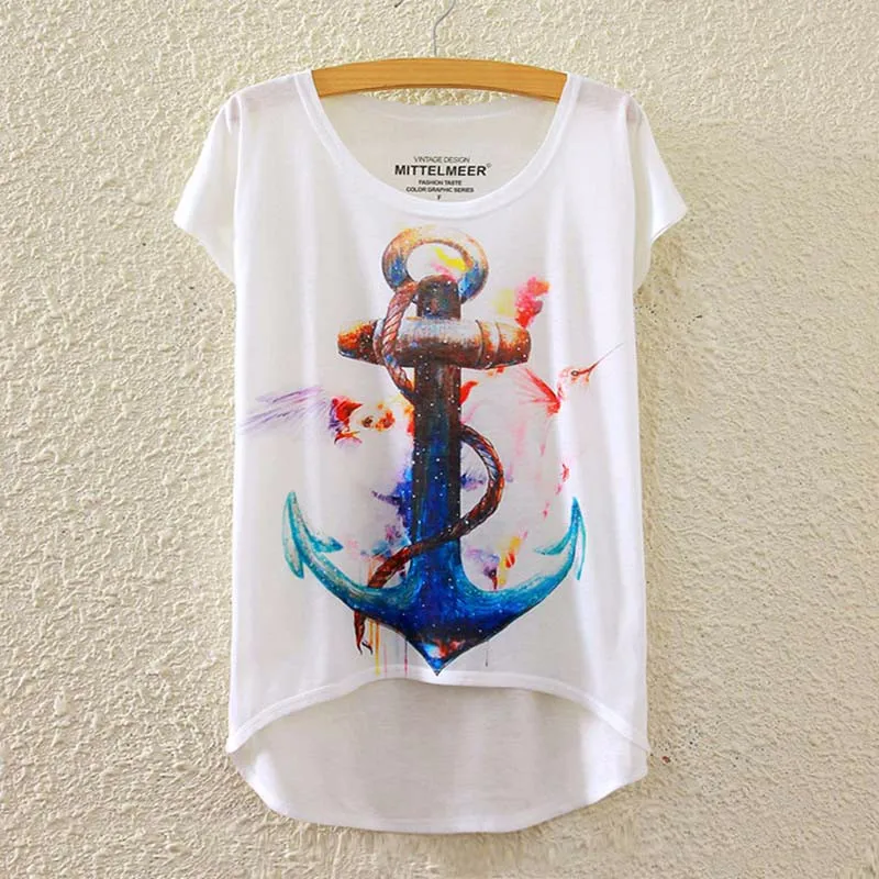 

2017 Brand New Polyester T-Shirt Women Short Sleeve t-shirts o-neck Causal loose Navy anchor T Shirt Summer tops for women