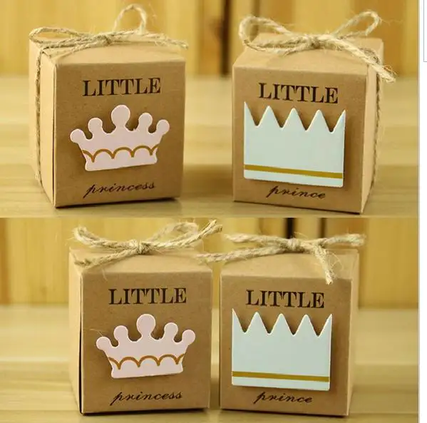 

50pcs Little Prince Princess Kraft Paper candy box with Twine Bow Pack Birthday girl Baby Shower Favors Kids Gifts for Guest