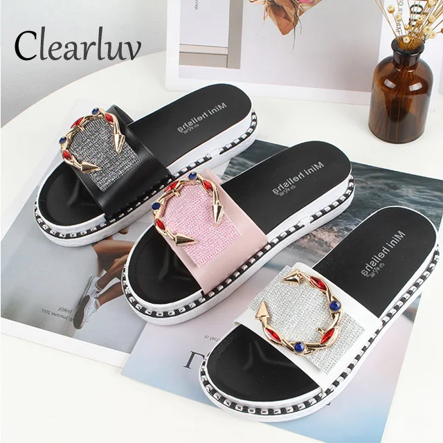 

2019 Summer Women's New Fashion Ring Rhinestone Buckle Non-slip Sequin Slippers Wild Sandals Sandals Brand Slippers C1182