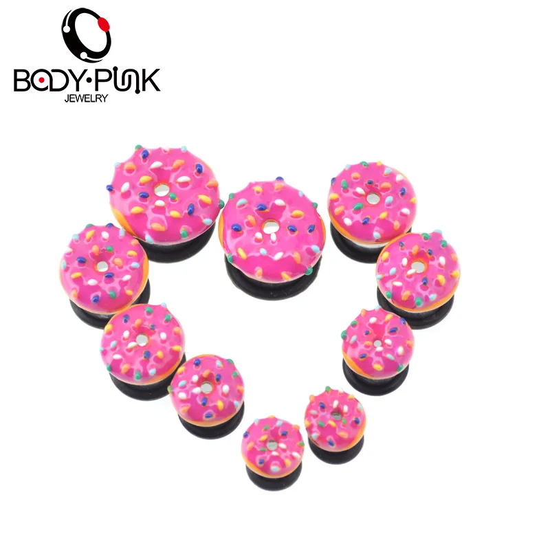 BODY PUNK Sweet Pink Donut Single Flare Plugs Summer Flesh Tunnels Ear Expanders Filigree Ear Plug Body Piercing Jewelry 1 pár
