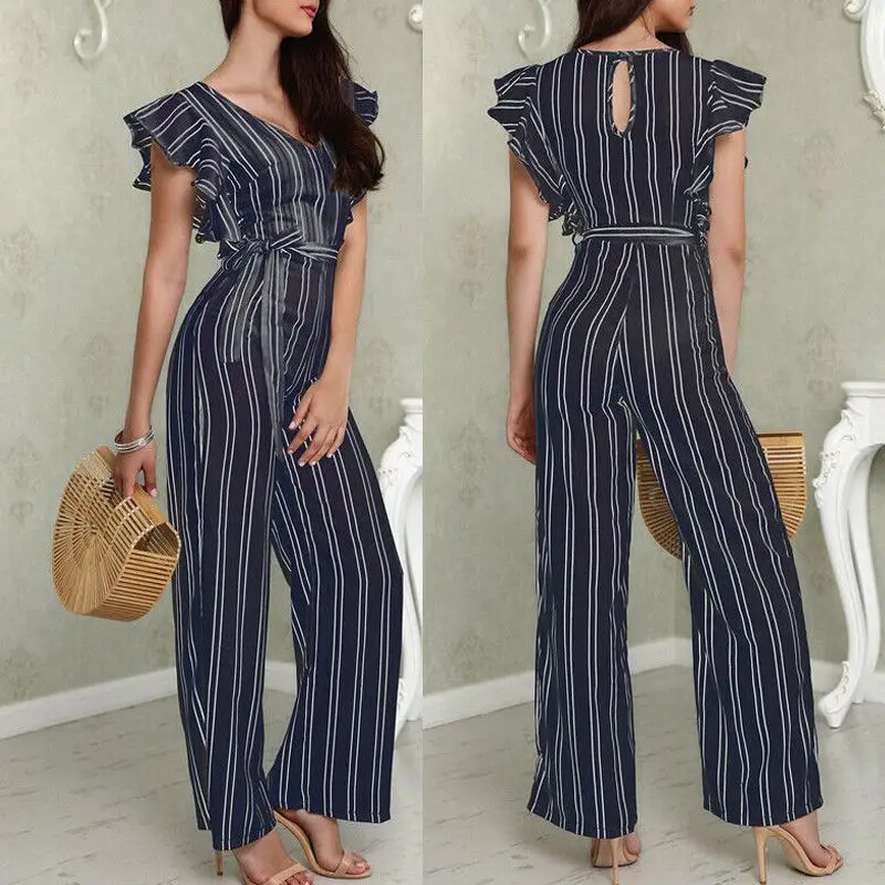 

2018 Women Trousers Casual Ruffles Sleeve Loose Stripe Jumpsuit Pants S-XL