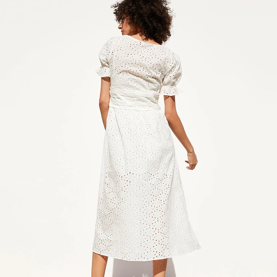 TEELYNN белое хлопковое кружевное платье с цветочной вышивкой, платья в стиле бохо, винтажные сексуальные летние платья с v-образным вырезом и пышными рукавами, длинные женские платья