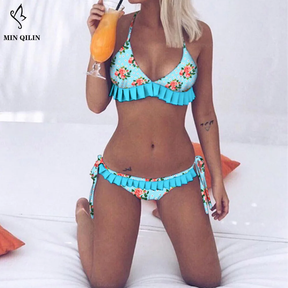 

INS Style Summer Floral Beach Hot Models Push Up Printed Split Swimsuit Double Strap Gather Sexy Bikini Brazilian