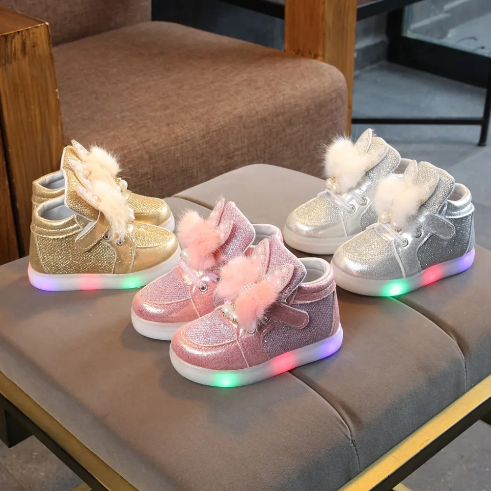 2019 kids sneakers lights girls cartoon rabbit fur LED lights shoes lights shoes sneakers casual shoes kids sneakers LED 40J24 (1)