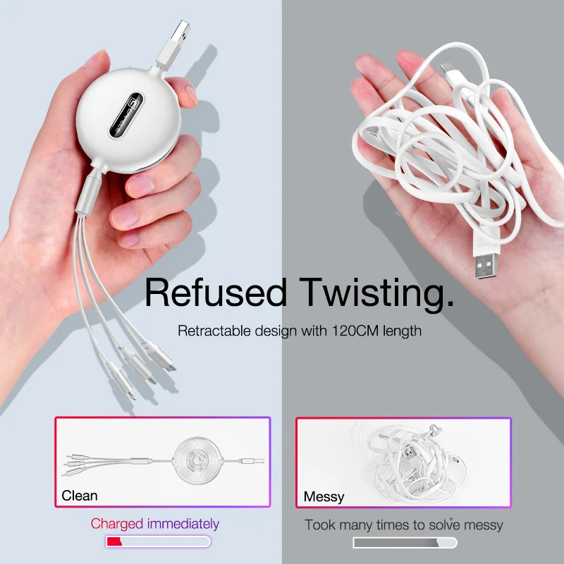 Cafele 3in1 USB نوع C المصغّر USB كابل نوع-c ل شاحن آيفون كابل 120 سنتيمتر 3A سريع شحن USB C كابل
