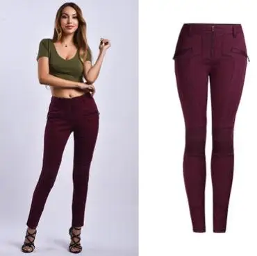 

2019 Womens Motorcycle Denim Pants Wine Red Zipper Sexy Slim Stretch Spring Autumn Jeans Spring Autumn Large Size Trousers K1038
