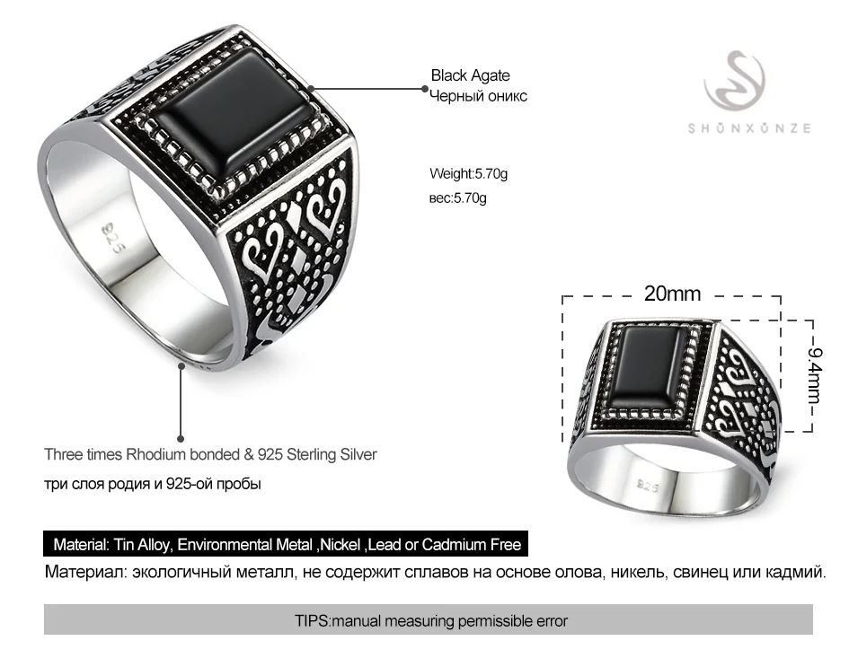 Eulonvan Vintage wedding rings silver 925 men Sterling Silver jewelry engagement male Black Cubic Zirconia S-3808 size 7 8 9 10