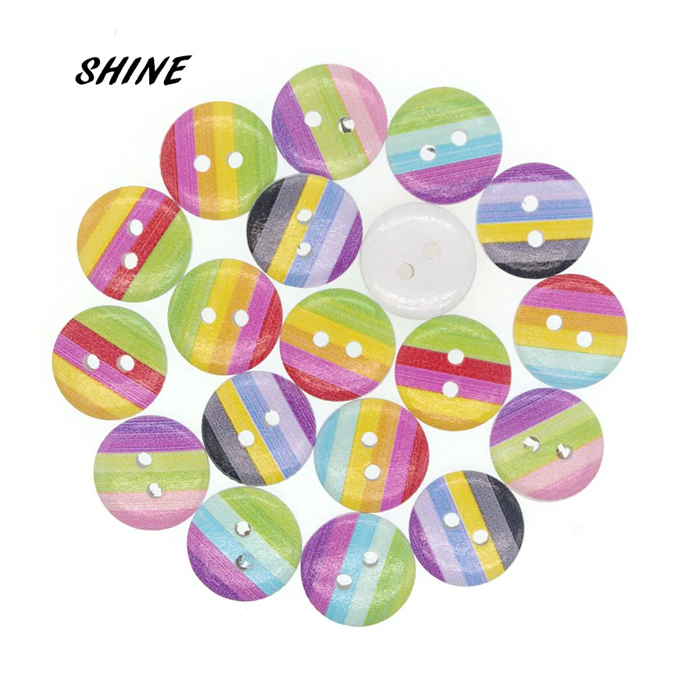 

SHINE Brand 50Pcs/Lot Round Wooden Buttons Colorful Stripe 15mm Mixed Random DIY Craft Scrapbooking Sewing Accessories W10049
