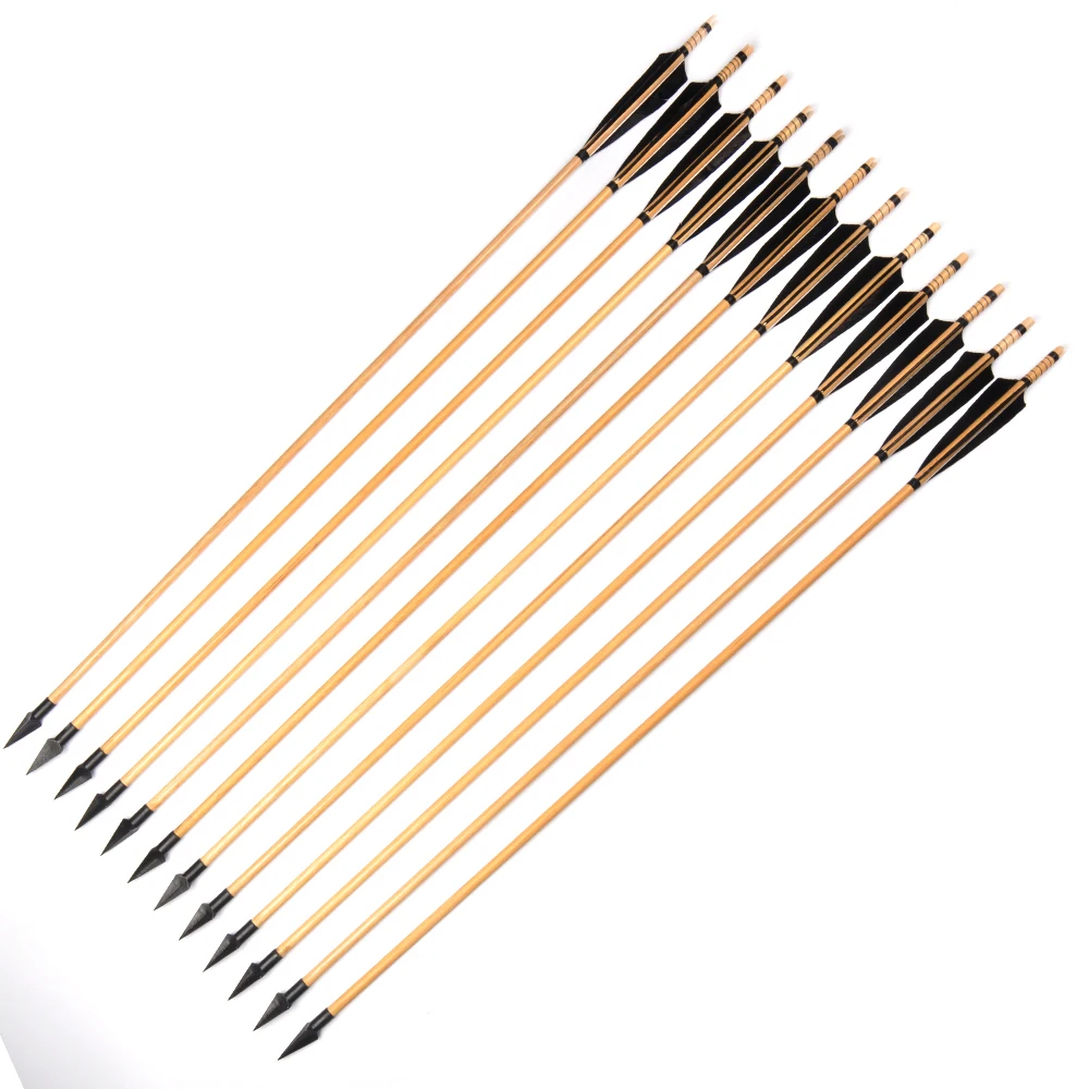 Setas de Madeira com Pontas de Setas e Perus Pena para Recurvo 85cm Espinha 500 Pretos Longbow Caça Tiro 6 - 12 24 Pçs 12 Cheap Arco e flecha