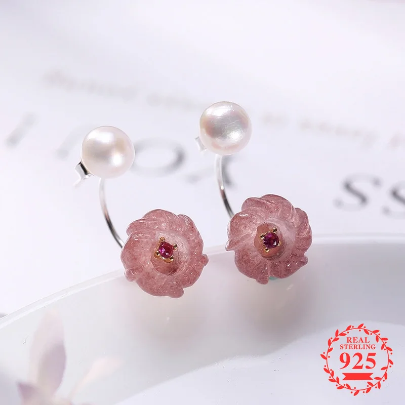 

NOT FAKE S925 Fine Jewelry Earrings 925 Sterling Silver Women Natural Exquisite Strawberry Quartz pink