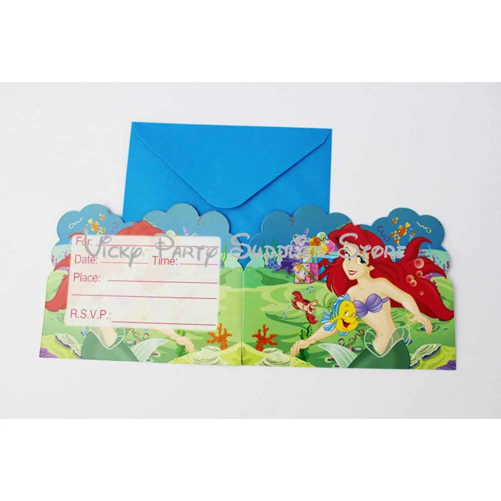 

6pcs/lot Little Mermaid Princess Party Invitation Card Birthday Baby Shower Paper Invitaiton Card Party Decorations Supplies