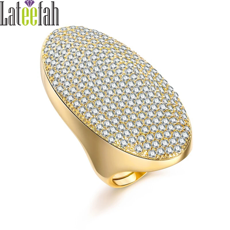 

Lateefah Big Luxury Gold Color Engagement Ring Full Micro Pave 235pcs Cubic Zirconia Oval Adjustable Women's Ring Bague Femme