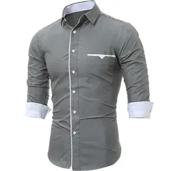 Бренд 2018 г. модные мужские рубашки с длинными рукавами Топы корректирующие классические ткани карман отделкой мужская одежда Рубашки для