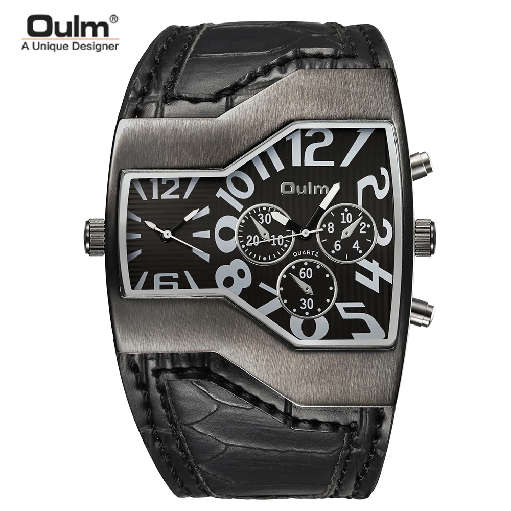 

Oulm Luxury Brand Men's Watches Two Time Zone Quartz Watch Wide PU Strap 6 Colors Fashion Male Wristwatch Casual Man Hours