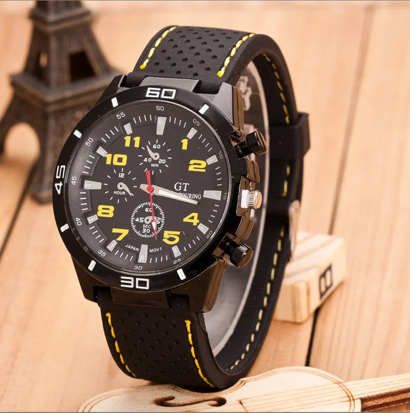 Luxury Top Brand Sport Quartz Watch Men Fashion Military Silicone Wrist Watches three-eyes relogio masculino Hodinky Satti - Цвет: Yellow