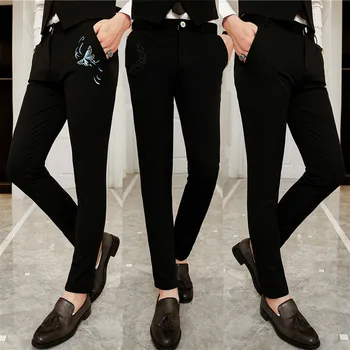

2018 New Black Men's Suit Trousers Butterfly Embroidery Pattern Size 28 29 30 31 32 33 34 Teen Fashion Slim Elegant Man Pants