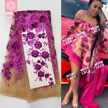 

Rose Red Sequined Embroidered Mesh Tulle Net Lace Fabrics African Nigerian Sequins Net Lace Wedding Prom Bride Dresses Material