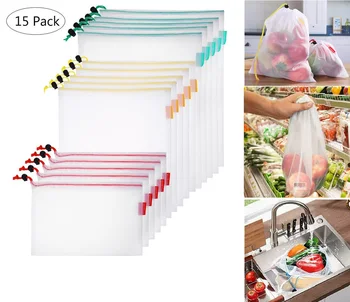 

15PCS Drawstring Bags Reusable Shopping Bags Waterproof Dacron Travel Packing Bags Pouches Organizers Storage For Kitchen