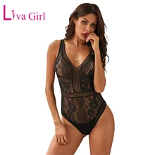 LIVA GIRL Summer Black Mesh Sleeveless Bodysuit for Women Sexy Sheer Lace V-Neck Open Back Bodycon Bodysuits Female Body Tops semi sheer sleeveless open back elastic waist playsuit with lace details