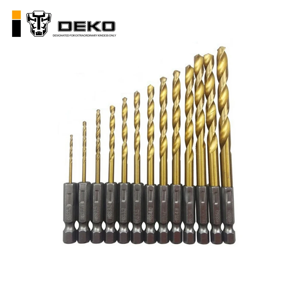 Сверло DEKO power drill, 13 шт./лот, быстрорежущее стальное сверло с титановым покрытием, набор сверл 1/4 с шестигранным хвостовиком 1,5-6,5 мм